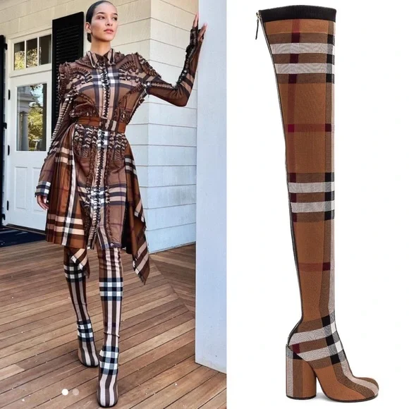 NIB Burberry 36 Anita Knit Check Over-the-Knee Thigh High Stretch Boots in Brown - Picture 4 of 17